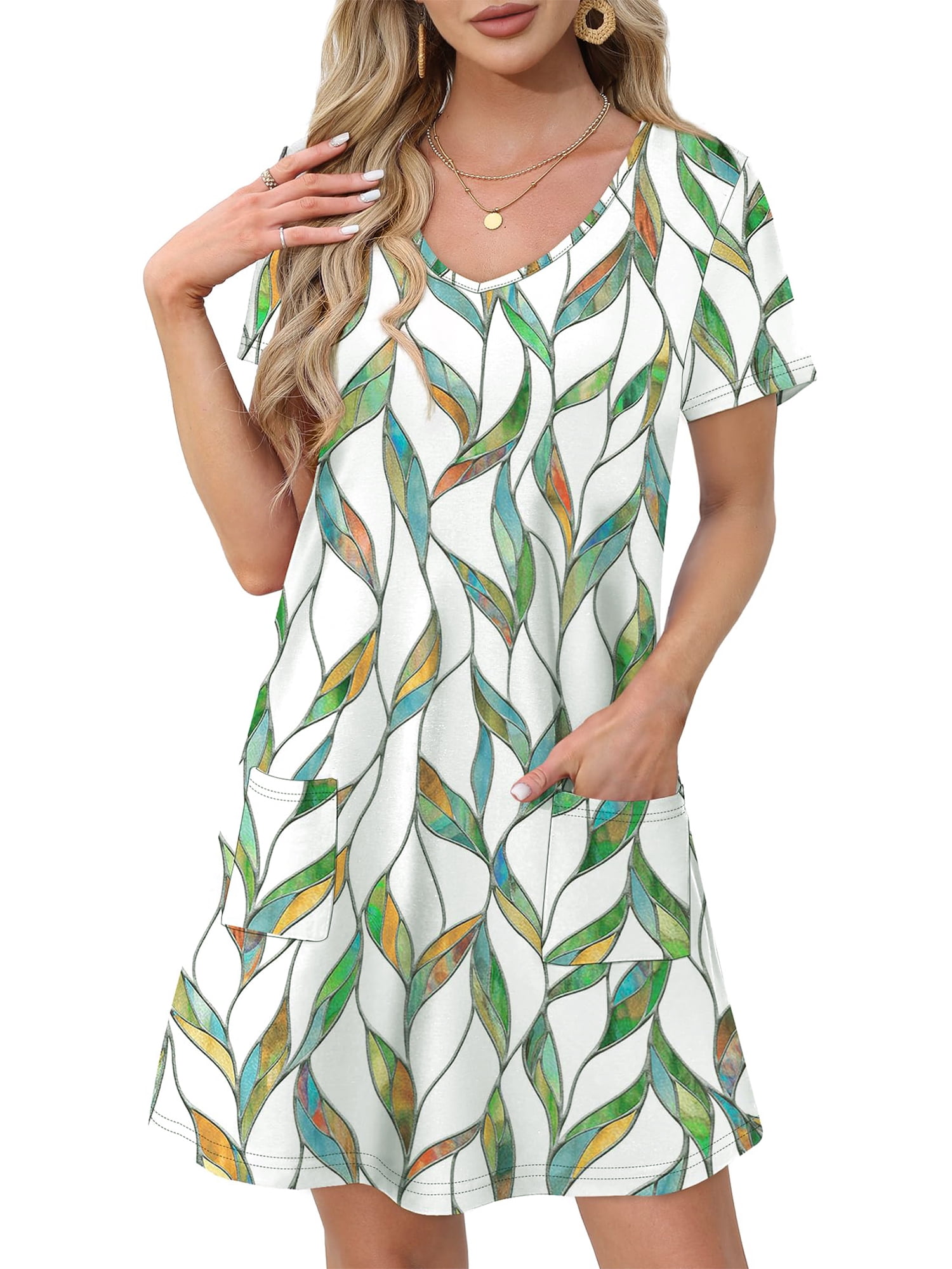 UVN Summer Dresses for Women V Neck Short Sleeve T Shirt Dress Casual ...