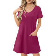 Summer Dresses for Women V Neck Short Sleeve T Shirt Dress Casual Beach Sundress with Pockets
