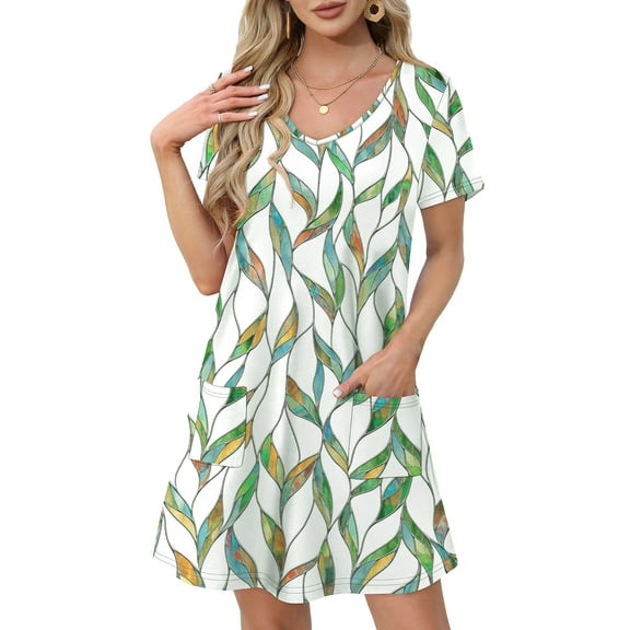 UVN Summer Dresses for Women V Neck Short Sleeve T Shirt Dress Casual Beach Sundress with Pockets