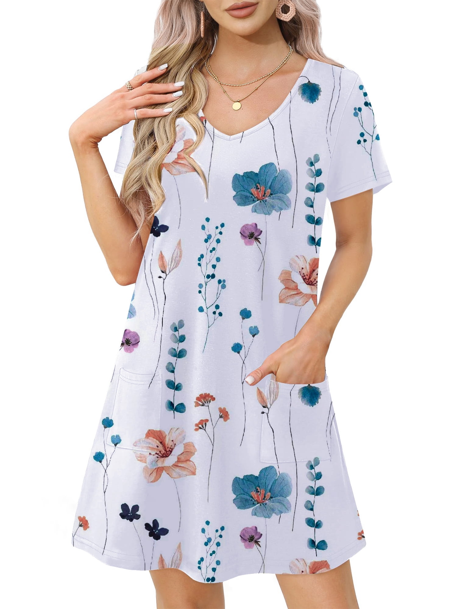 UVN Summer Dresses for Women V Neck Short Sleeve T Shirt Dress Casual ...