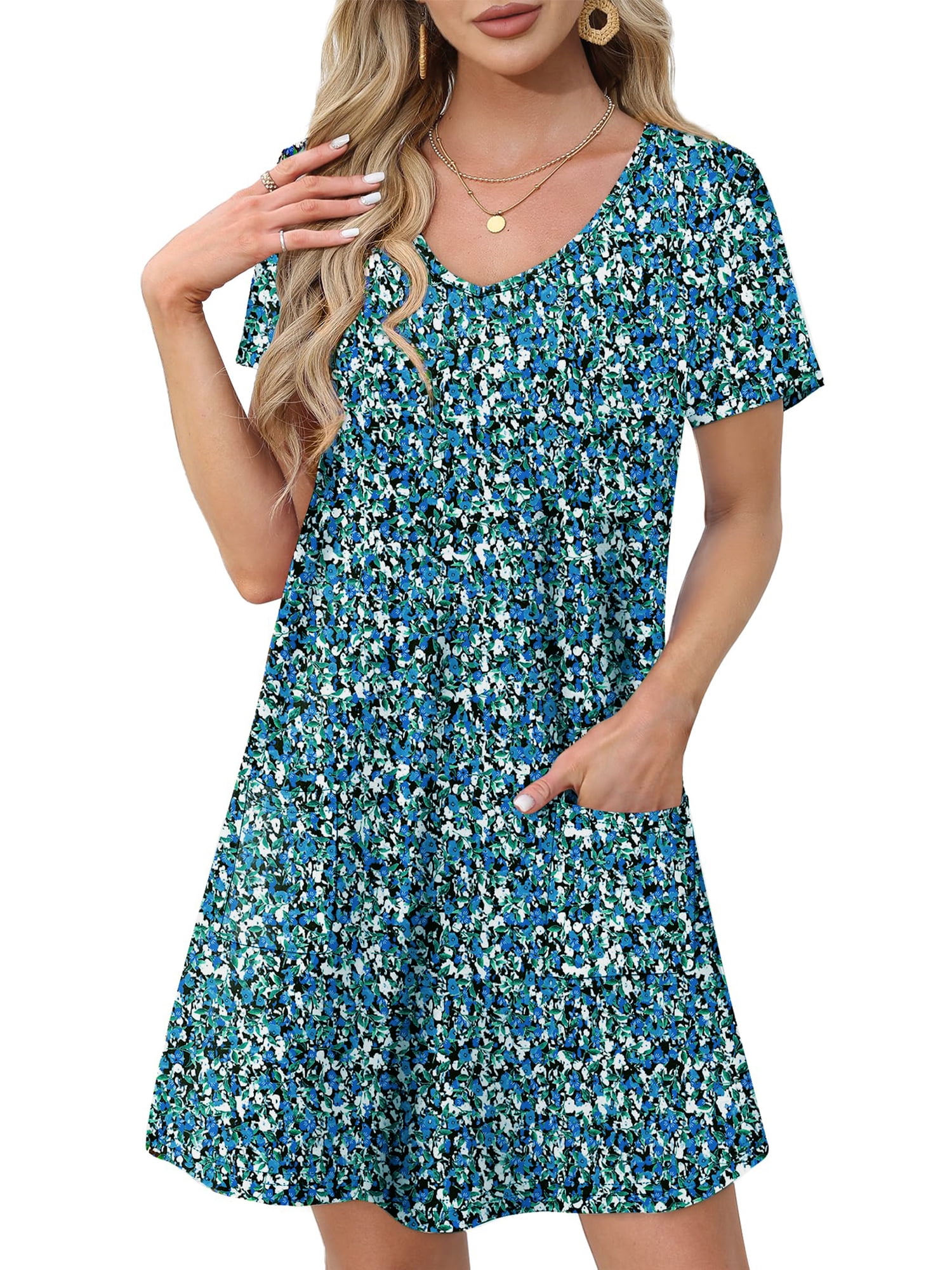 UVN Summer Dresses for Women V Neck Short Sleeve T Shirt Dress Casual ...