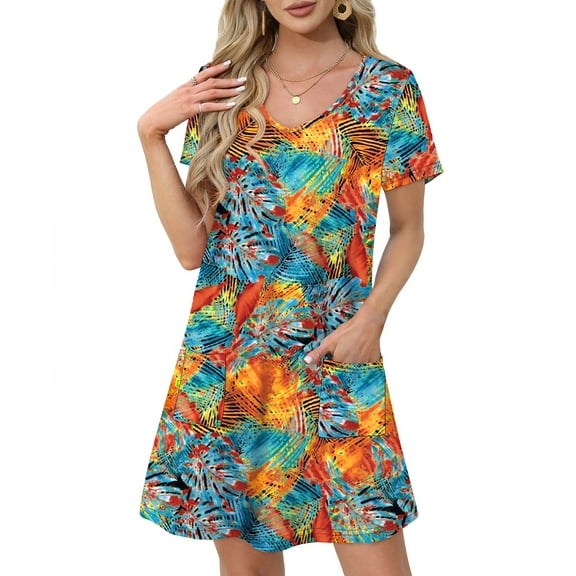 UVN Summer Dresses for Women V Neck Short Sleeve T Shirt Dress Casual Beach Sundress with Pockets