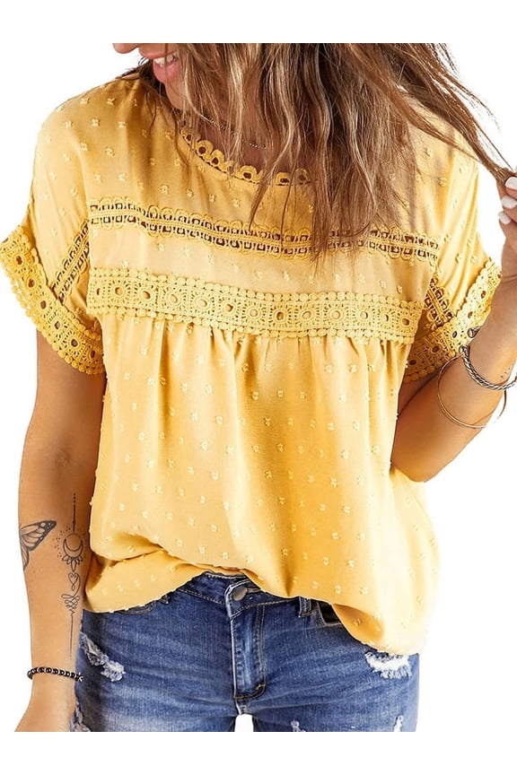 Summer Shirts for Women Short Sleeve Blouses Ladies Crewneck Lace Crochet Tops Dressy Chiffon Blouses