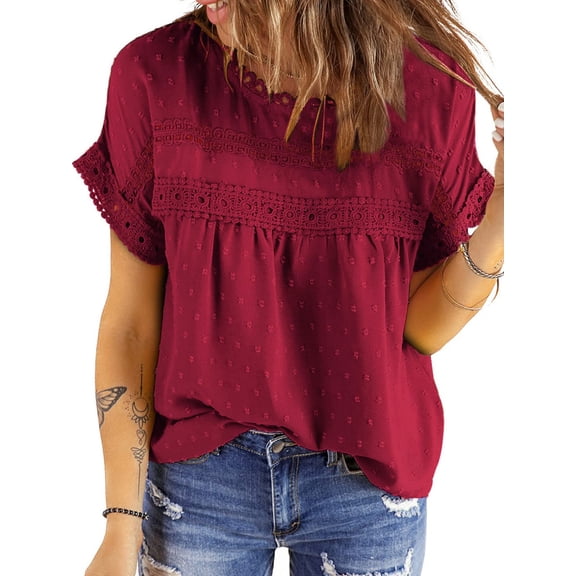 UVN Summer Shirts for Women Short Sleeve Blouses Ladies Crewneck Lace Crochet Tops Dressy Chiffon Blouses