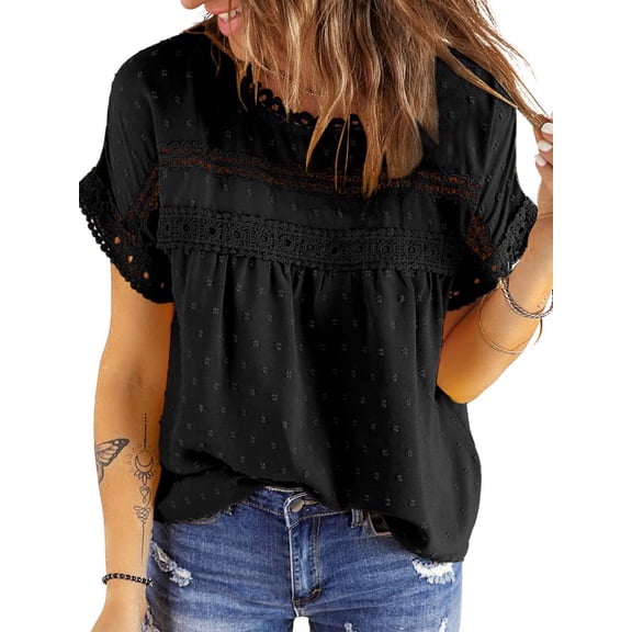 UVN Summer Shirts for Women Short Sleeve Blouses Ladies Crewneck Lace Crochet Tops Dressy Chiffon Blouses