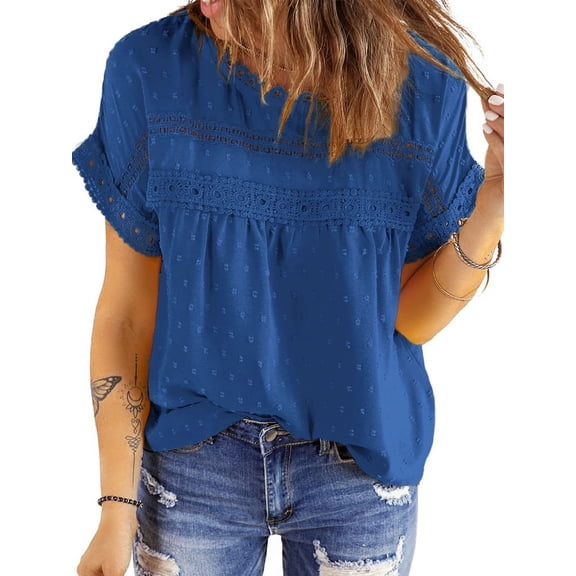 UVN Summer Shirts for Women Short Sleeve Blouses Ladies Crewneck Lace Crochet Tops Dressy Chiffon Blouses