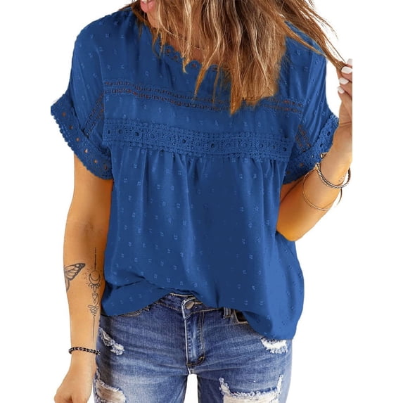UVN Summer Shirts for Women Short Sleeve Blouses Ladies Crewneck Lace Crochet Tops Dressy Chiffon Blouses