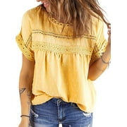UVN Summer Shirts for Women Short Sleeve Blouses Ladies Crewneck Lace Crochet Tops Dressy Chiffon Blouses