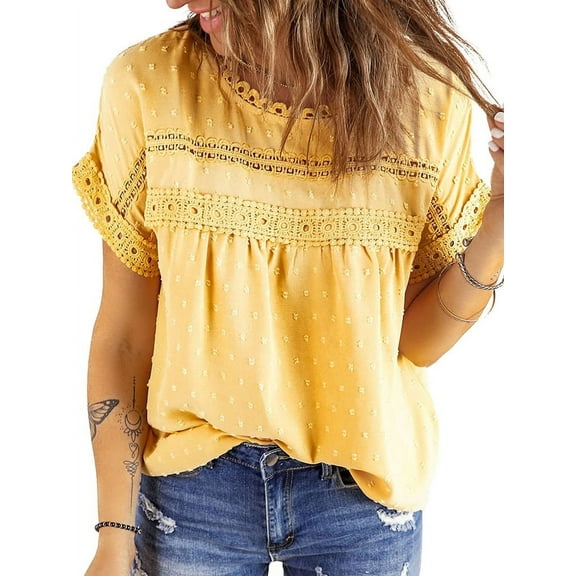 UVN Summer Shirts for Women Short Sleeve Blouses Ladies Crewneck Lace Crochet Tops Dressy Chiffon Blouses