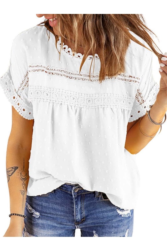 Summer Shirts for Women Short Sleeve Blouses Ladies Crewneck Lace Crochet Tops Dressy Chiffon Blouses