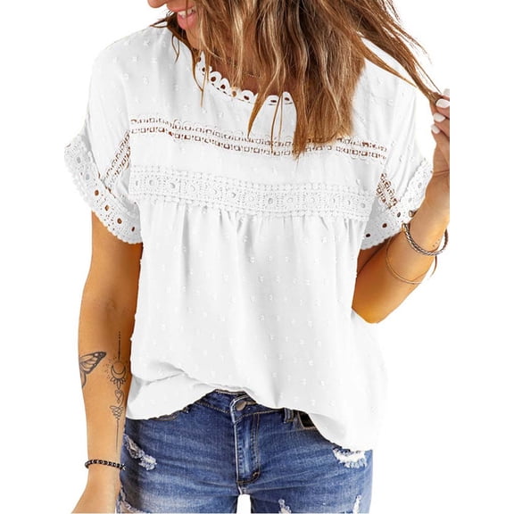 UVN Summer Shirts for Women Short Sleeve Blouses Ladies Crewneck Lace Crochet Tops Dressy Chiffon Blouses