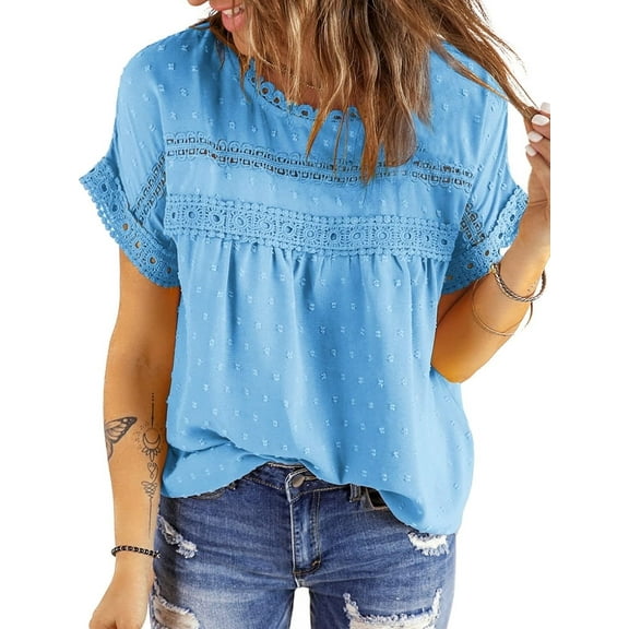 UVN Summer Shirts for Women Short Sleeve Blouses Ladies Crewneck Lace Crochet Tops Dressy Chiffon Blouses