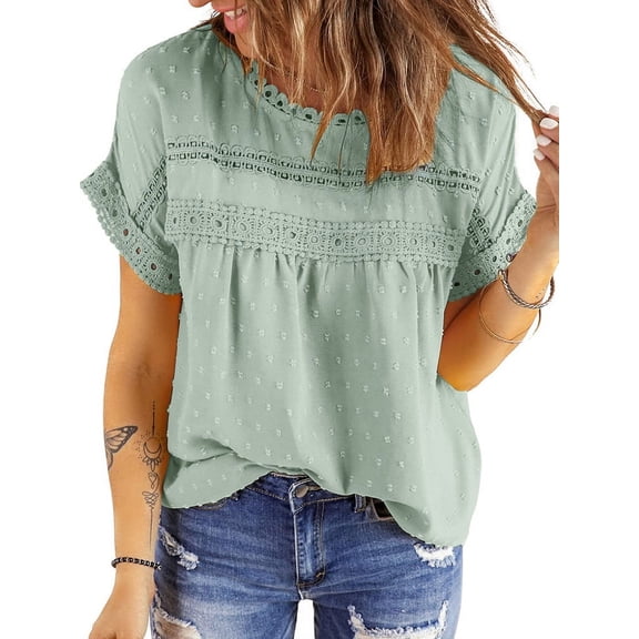 UVN Summer Shirts for Women Short Sleeve Blouses Ladies Crewneck Lace Crochet Tops Dressy Chiffon Blouses