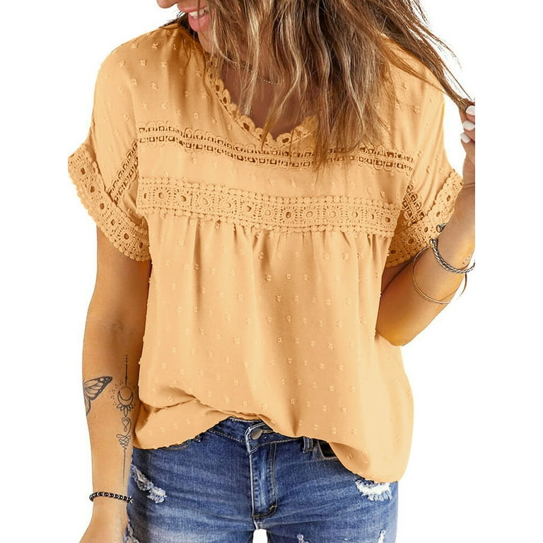 UVN Summer Shirts for Women Short Sleeve Blouses Ladies Crewneck