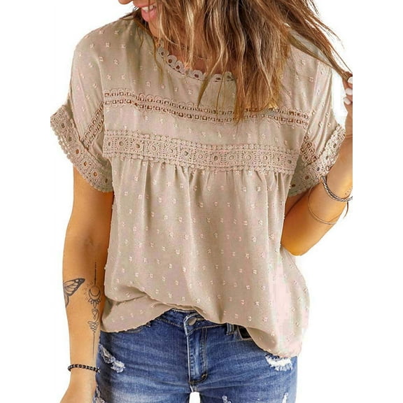 UVN Summer Shirts for Women Short Sleeve Blouses Ladies Crewneck Lace Crochet Tops Dressy Chiffon Blouses