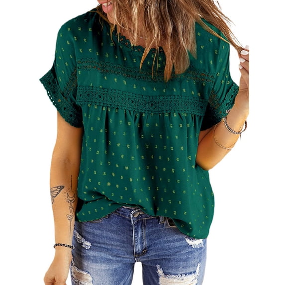 UVN Summer Shirts for Women Short Sleeve Blouses Ladies Crewneck Lace Crochet Tops Dressy Chiffon Blouses