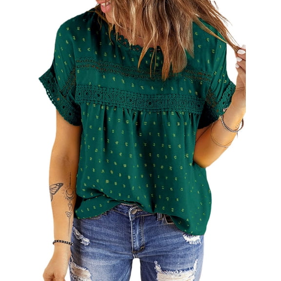 UVN Summer Shirts for Women Short Sleeve Blouses Ladies Crewneck Lace Crochet Tops Dressy Chiffon Blouses