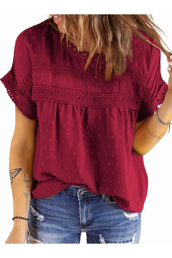 Summer Shirts for Women Short Sleeve Blouses Ladies Crewneck Lace Crochet Tops Dressy Chiffon Blouses