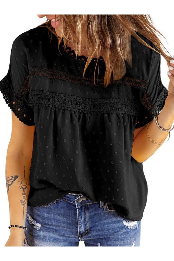 Summer Shirts for Women Short Sleeve Blouses Ladies Crewneck Lace Crochet Tops Dressy Chiffon Blouses