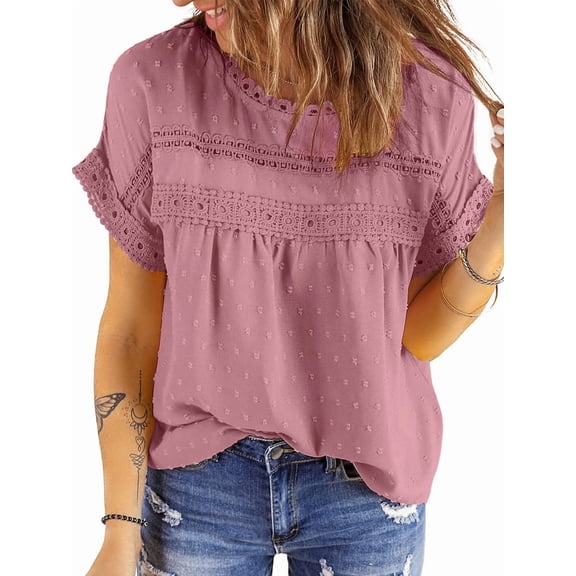 UVN Summer Shirts for Women Short Sleeve Blouses Ladies Crewneck Lace Crochet Tops Dressy Chiffon Blouses