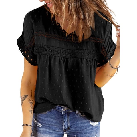 Summer Shirts for Women Short Sleeve Blouses Ladies Crewneck Lace Crochet Tops Dressy Chiffon Blouses