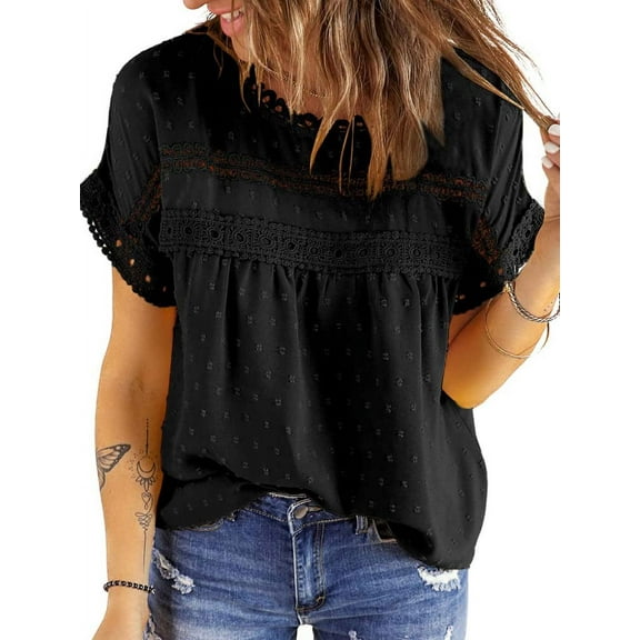 UVN Summer Shirts for Women Short Sleeve Blouses Ladies Crewneck Lace Crochet Tops Dressy Chiffon Blouses