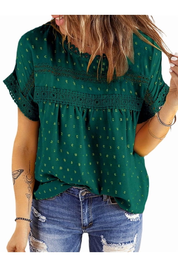 Summer Shirts for Women Short Sleeve Blouses Ladies Crewneck Lace Crochet Tops Dressy Chiffon Blouses