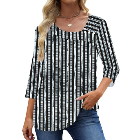 Summer Square Neck Blouses for Women 3/4 Sleeve Shirt Ladies Dressy Casual Button Tunic Tops