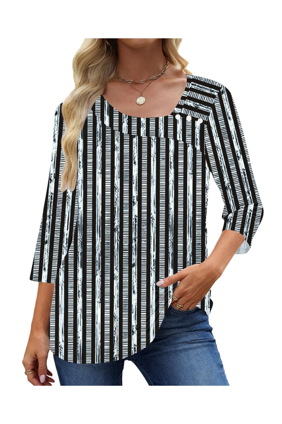 Summer Square Neck Blouses for Women 3/4 Sleeve Shirt Ladies Dressy Casual Button Tunic Tops
