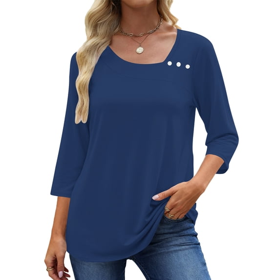 UVN Summer Square Neck Blouses for Women 3/4 Sleeve Shirt Ladies Dressy Casual Button Tunic Tops