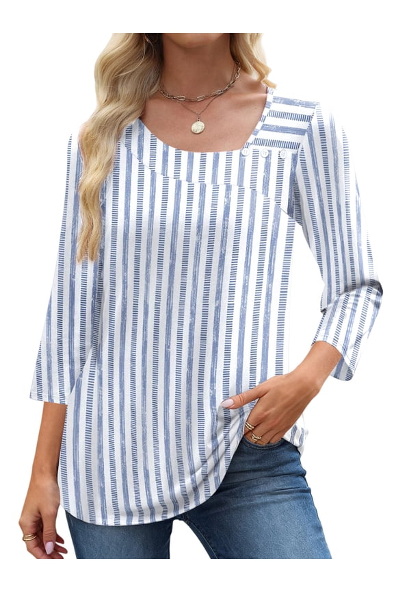 Summer Square Neck Blouses for Women 3/4 Sleeve Shirt Ladies Dressy Casual Button Tunic Tops