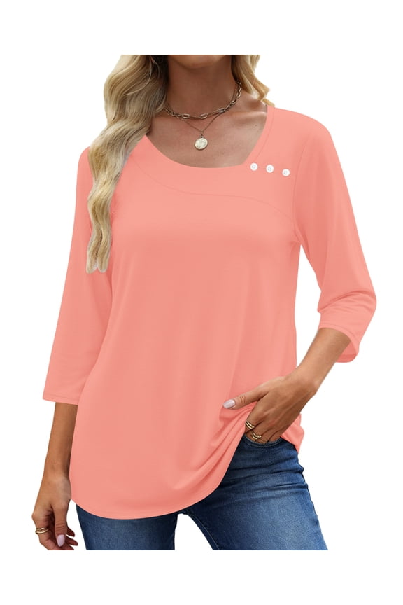 Summer Square Neck Blouses for Women 3/4 Sleeve Shirt Ladies Dressy Casual Button Tunic Tops