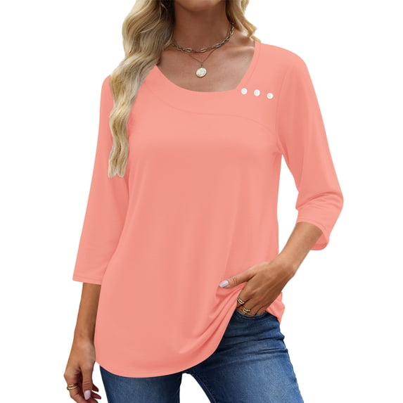 UVN Summer Square Neck Blouses for Women 3/4 Sleeve Shirt Ladies Dressy Casual Button Tunic Tops