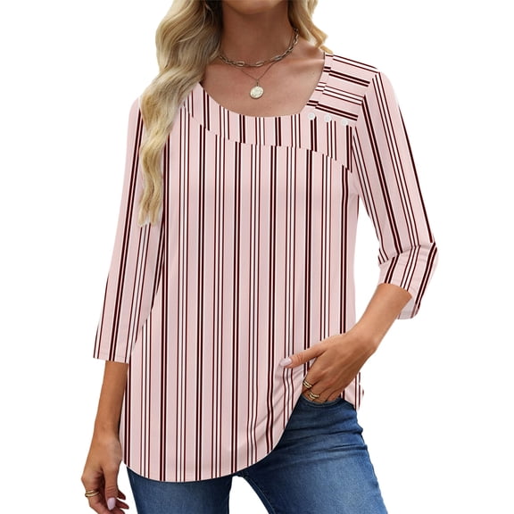 UVN Summer Square Neck Blouses for Women 3/4 Sleeve Shirt Ladies Dressy Casual Button Tunic Tops