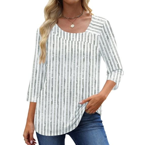 UVN Summer Square Neck Blouses for Women 3/4 Sleeve Shirt Ladies Dressy Casual Button Tunic Tops
