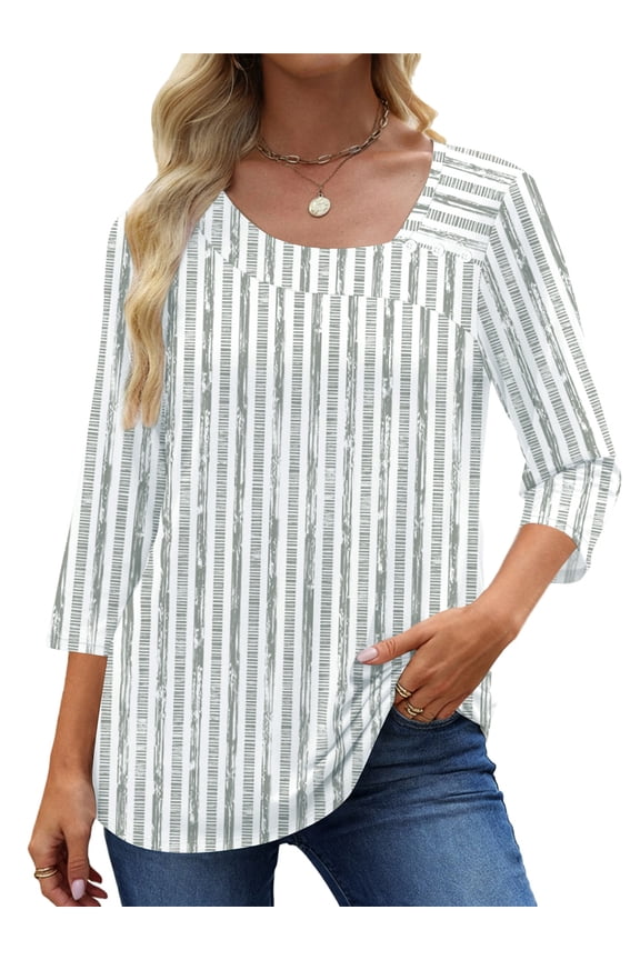 Summer Square Neck Blouses for Women 3/4 Sleeve Shirt Ladies Dressy Casual Button Tunic Tops