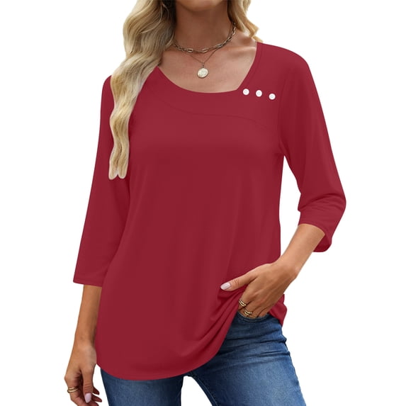 UVN Summer Square Neck Blouses for Women 3/4 Sleeve Shirt Ladies Dressy Casual Button Tunic Tops