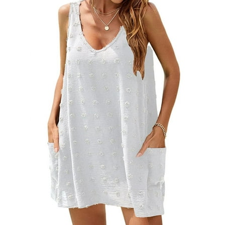 UVN Summer Swimsuit Coverups for Women Bathing Suit Ladies Pom Pom Beach V Neck Tank Dress with Pockets