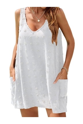 Summer Swimsuit Coverups for Women Bathing Suit Ladies Pom Pom Beach V Neck Tank Dress with Pockets