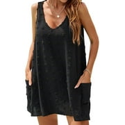 UVN Summer Swimsuit Coverups for Women Bathing Suit Ladies Pom Pom Beach V Neck Tank Dress with Pockets