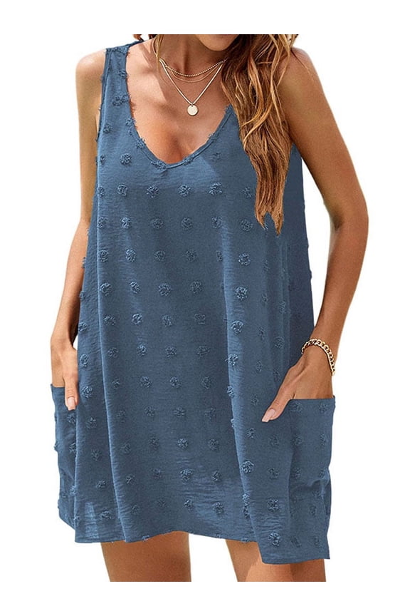 Summer Swimsuit Coverups for Women Bathing Suit Ladies Pom Pom Beach V Neck Tank Dress with Pockets