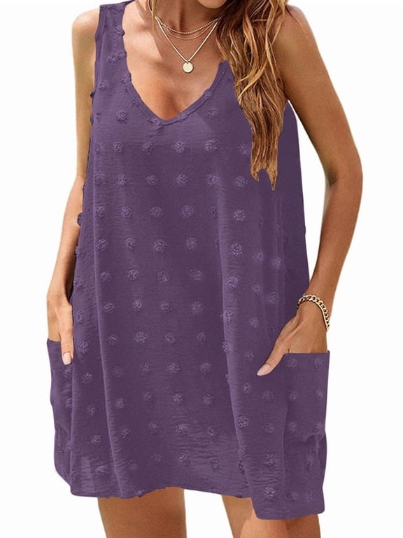 Summer Swimsuit Coverups for Women Bathing Suit Ladies Pom Pom Beach V Neck Tank Dress with Pockets