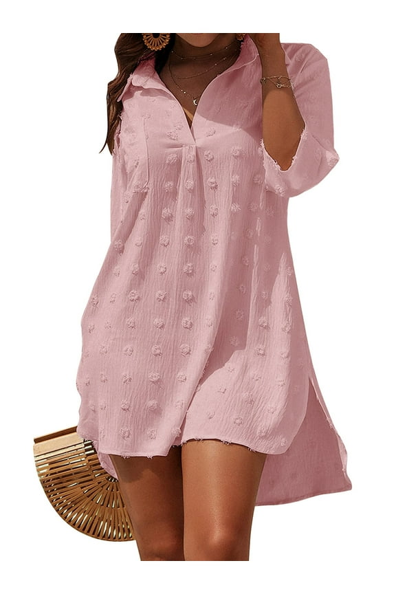 Summer Swimsuit Coverups for Womens Chiffon Bikini Swimwear Beach Cover-Ups Ladies Loose Pom Pom Shirt Dress