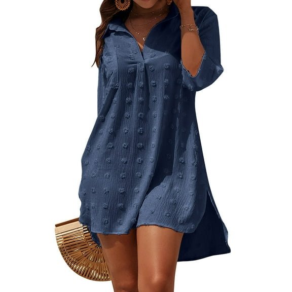 UVN Summer Swimsuit Coverups for Womens Chiffon Bikini Swimwear Beach Cover-Ups Ladies Loose Pom Pom Shirt Dress