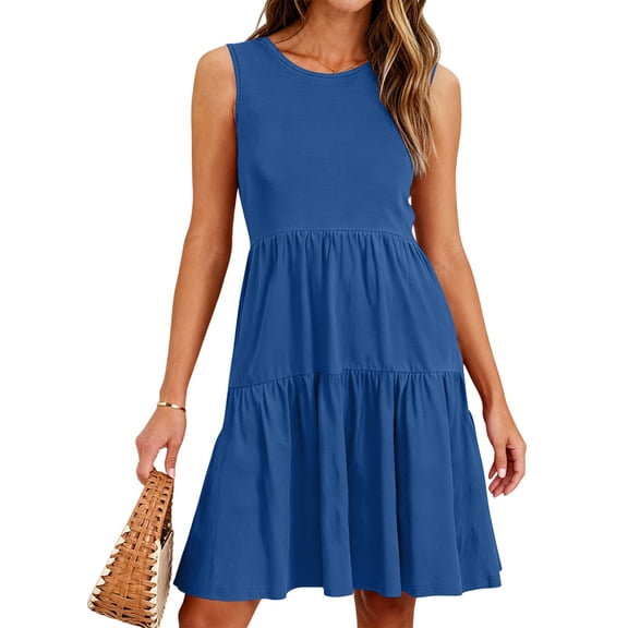 UVN Summer Tank Dresses for Women Crew Neck Flowy Midi Ladies Beach Dresses Casual Sleeveless Sundresses with Pockets