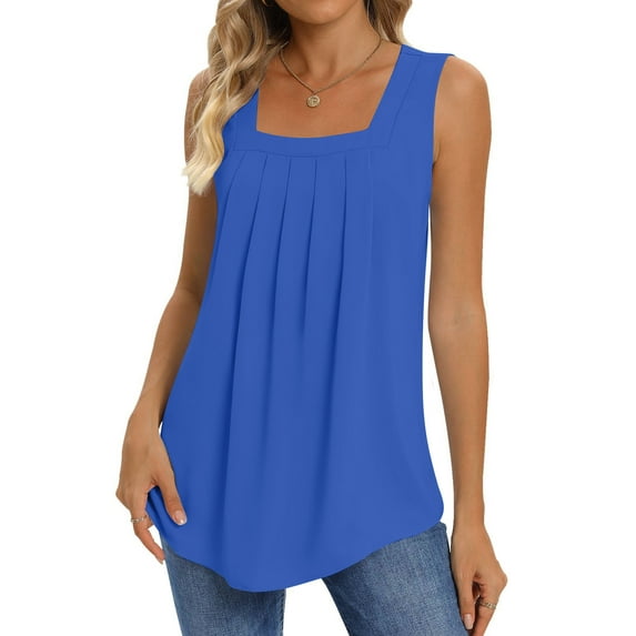 UVN Summer Tank Tops for Women Square Neck Sleeveless Tops Pleated Curved Hem Flowy Shirts Loose Fit Camis