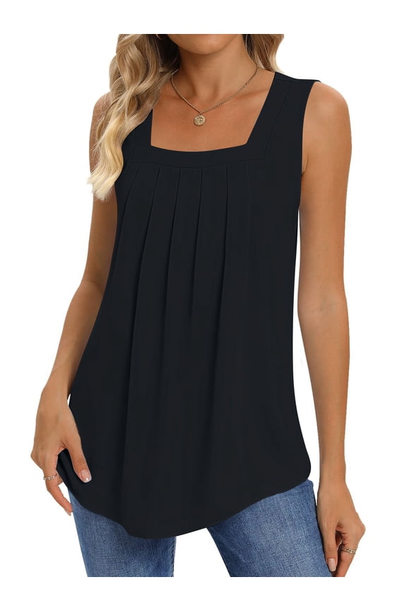 Summer Tank Tops for Women Square Neck Sleeveless Tops Pleated Curved Hem Flowy Shirts Loose Fit Camis