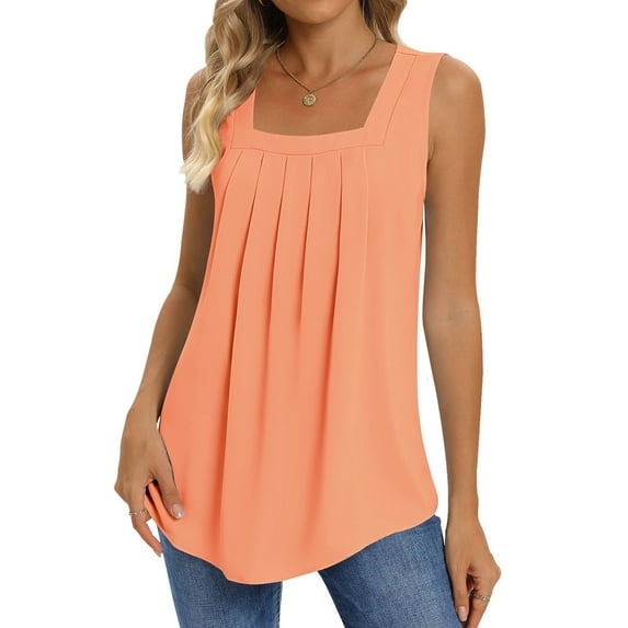 UVN Summer Tank Tops for Women Square Neck Sleeveless Tops Pleated Curved Hem Flowy Shirts Loose Fit Camis