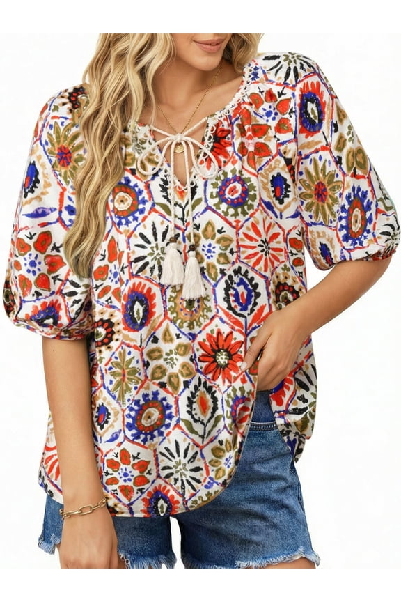 Summer Tops for Women Short Sleeve V Neck Boho Casual Blouses Ladies Floral Print Tie Front Flowy Shirts