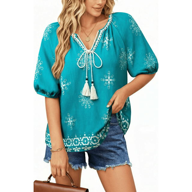 UVN Summer Tops for Women Short Sleeve V Neck Boho Casual Blouses Ladies Floral Print Tie Front Flowy Shirts
